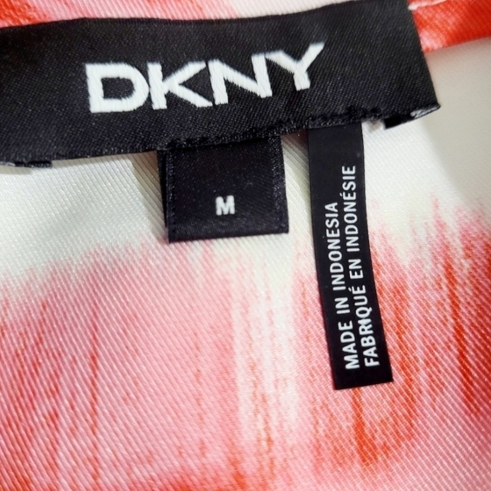 DKNY Tie Front Blouse Top Women’s M Red Green Abstract Stripe Short Sleeve - Picture 10 of 11